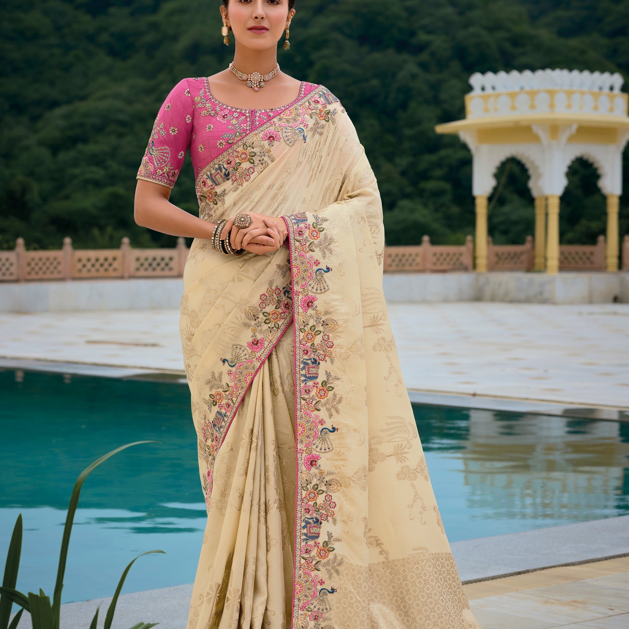 Ivory Cream Banarasi Silk Saree with Floral Zari Weaving