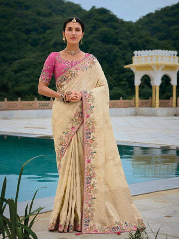 Ivory Cream Banarasi Silk Saree with Floral Zari Weaving