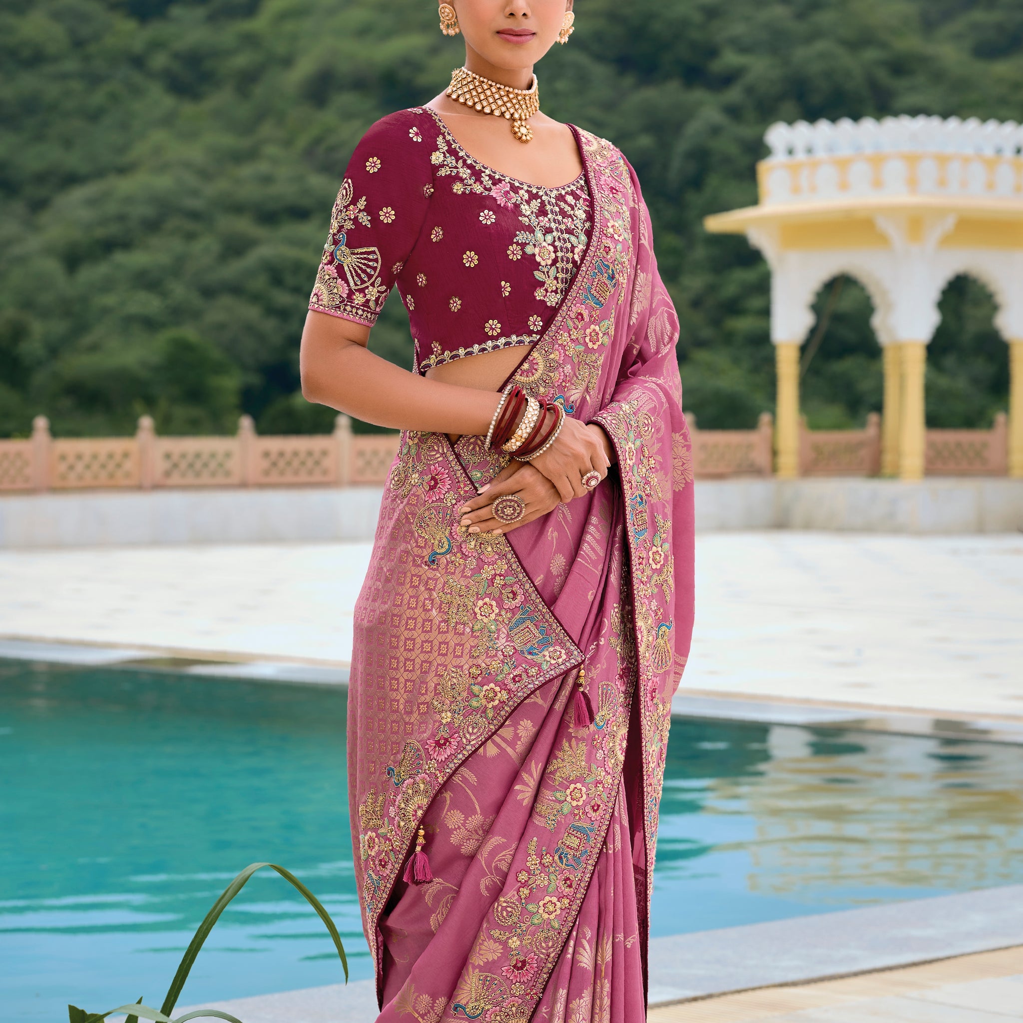 Plum Purple Banarasi Silk Saree with Floral Zari Weaving