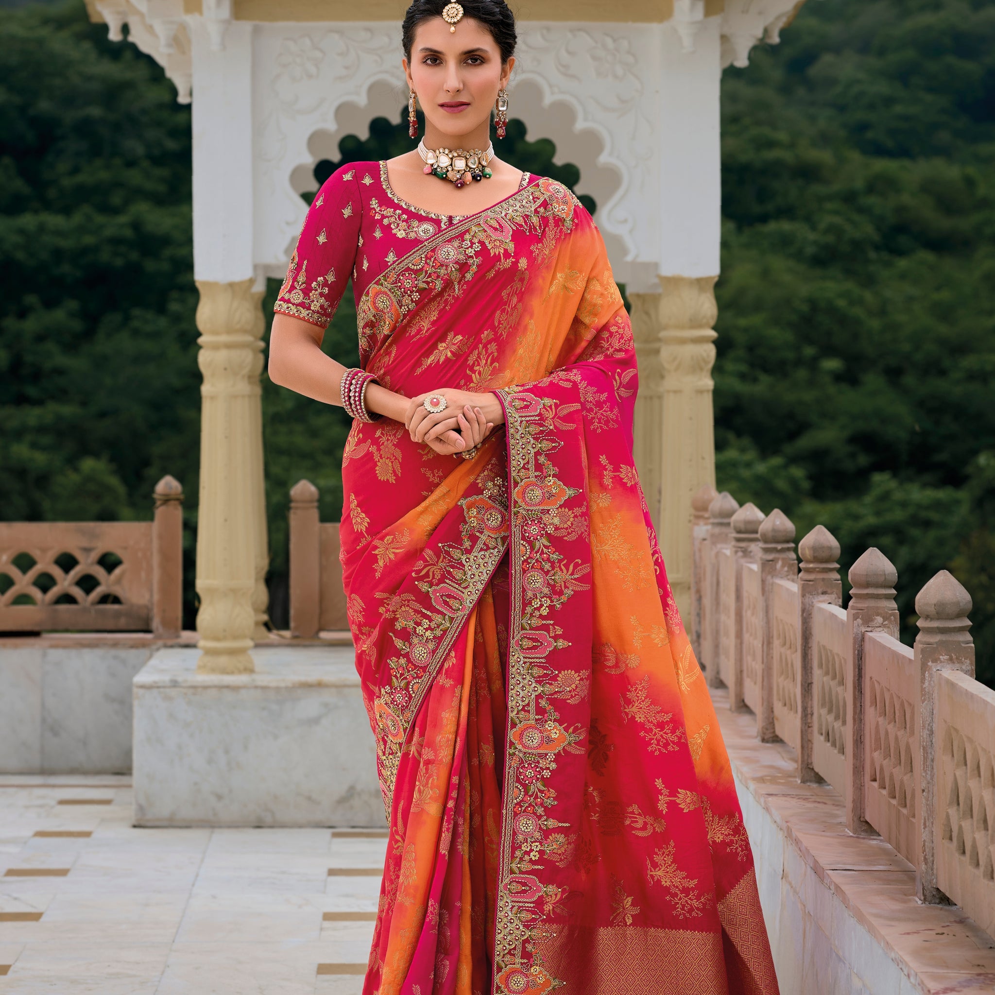 Red & Orange Ombre Banarasi Silk Saree with Heavy Zari Border