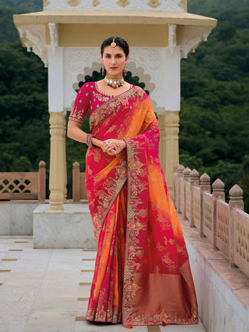 Red & Orange Ombre Banarasi Silk Saree with Heavy Zari Border