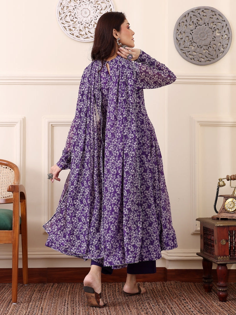 Purple Digital Printed Anarkali Kurti with Dupatta & Bottom