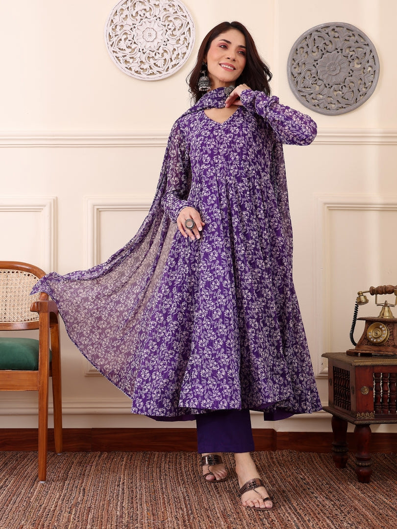 Purple Digital Printed Anarkali Kurti with Dupatta & Bottom