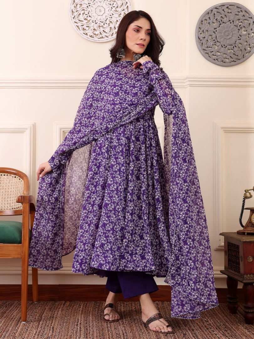 Purple Digital Printed Anarkali Kurti with Dupatta & Bottom