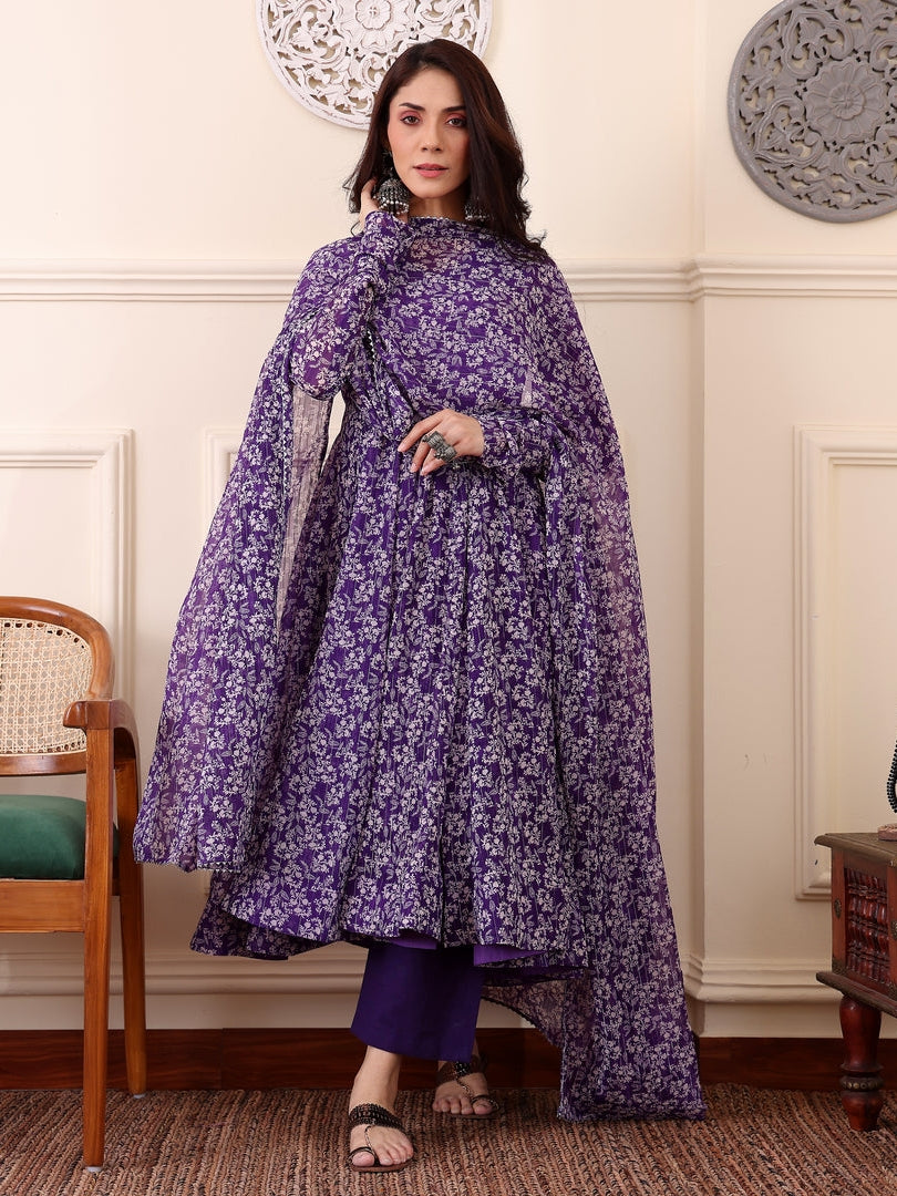 Purple Digital Printed Anarkali Kurti with Dupatta & Bottom