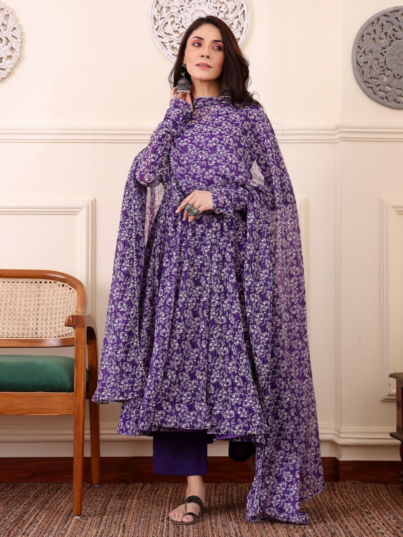 Purple Digital Printed Anarkali Kurti with Dupatta & Bottom