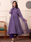 Purple Digital Printed Anarkali Kurti with Dupatta & Bottom