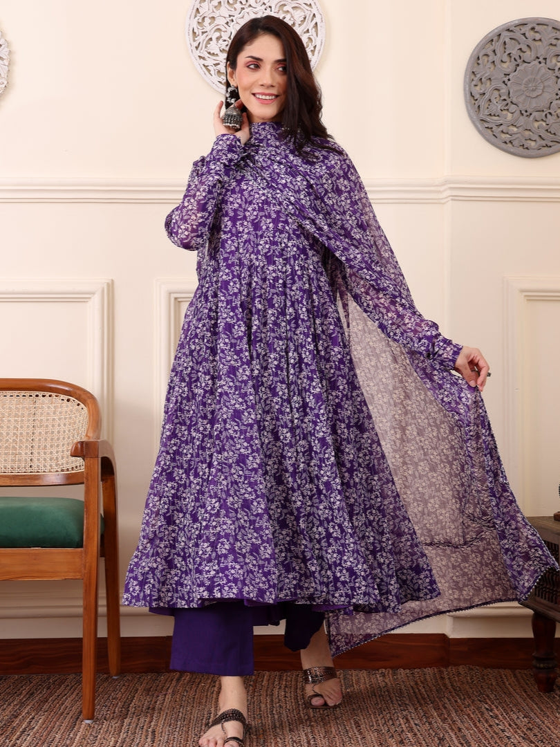 Purple Digital Printed Anarkali Kurti with Dupatta & Bottom