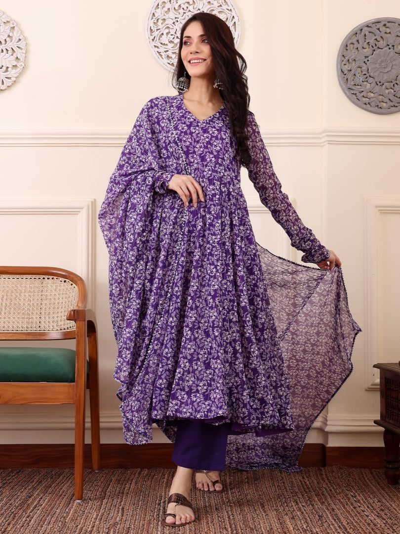 Purple Digital Printed Anarkali Kurti with Dupatta & Bottom