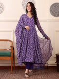 Purple Digital Printed Anarkali Kurti with Dupatta & Bottom