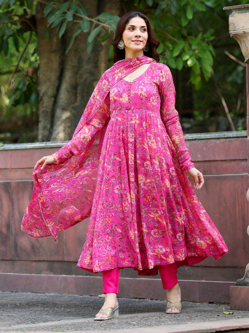 Graceful Pink Digital Printed Anarkali Kurti Set with Dupatta