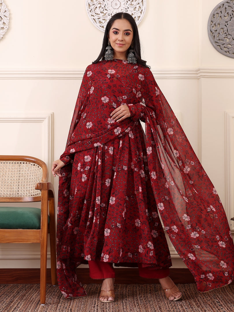 Maroon Digital Printed Anarkali Kurti Set with Dupatta