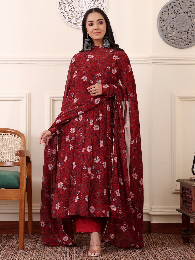 Maroon Digital Printed Anarkali Kurti Set with Dupatta