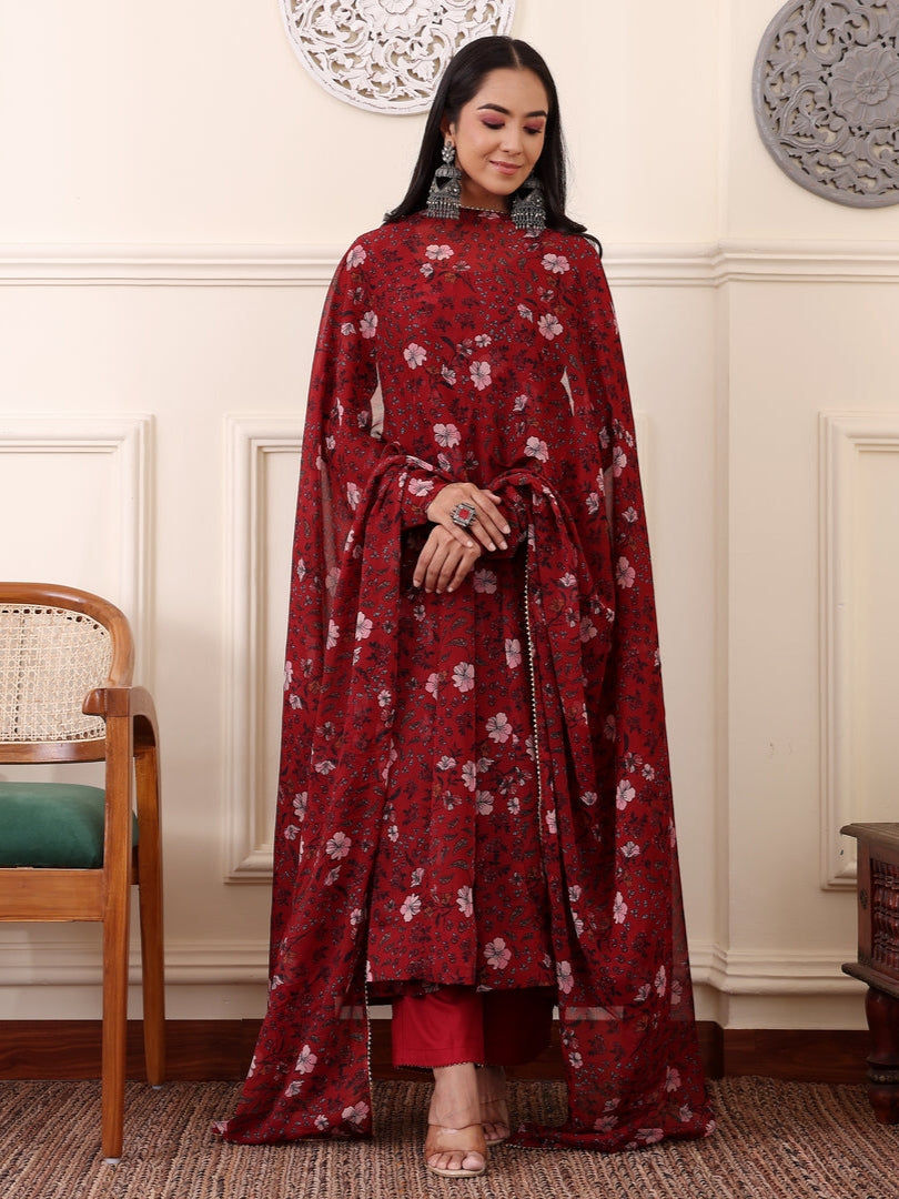 Maroon Digital Printed Anarkali Kurti Set with Dupatta