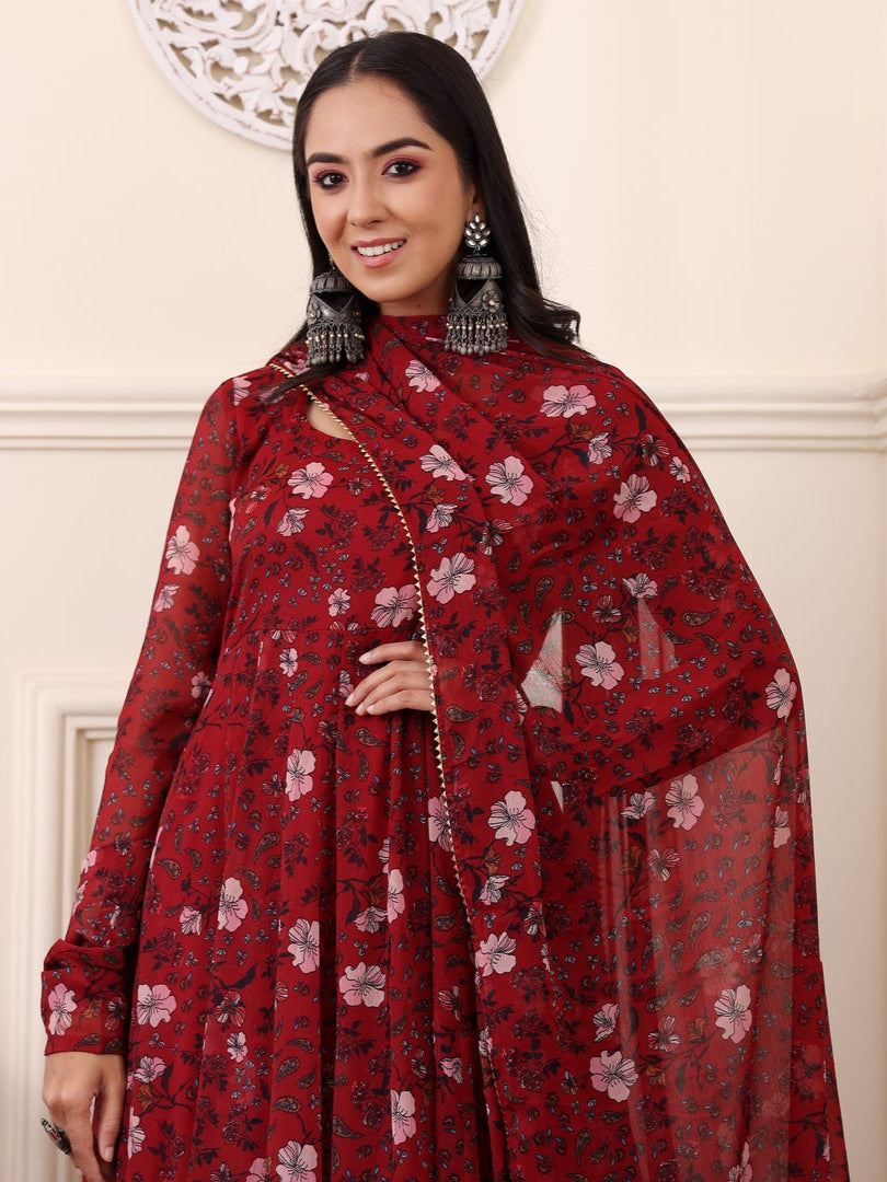 Maroon Digital Printed Anarkali Kurti Set with Dupatta