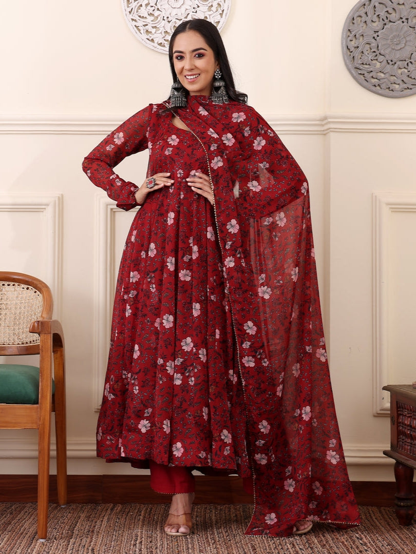 Maroon Digital Printed Anarkali Kurti Set with Dupatta