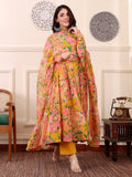 Yellow & Pink Floral Digital Printed Anarkali Kurti Set with Dupatta