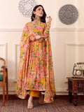 Yellow & Pink Floral Digital Printed Anarkali Kurti Set with Dupatta