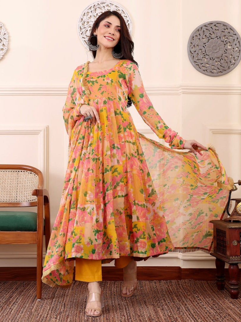 Yellow & Pink Floral Digital Printed Anarkali Kurti Set with Dupatta