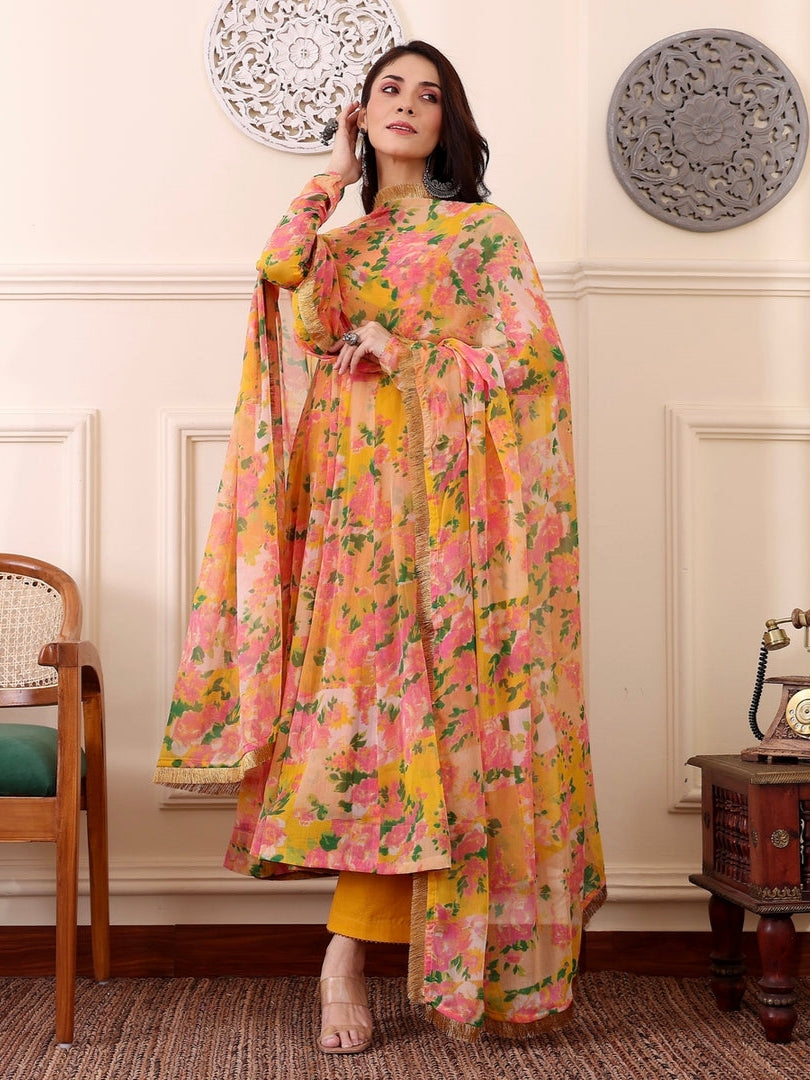 Yellow & Pink Floral Digital Printed Anarkali Kurti Set with Dupatta