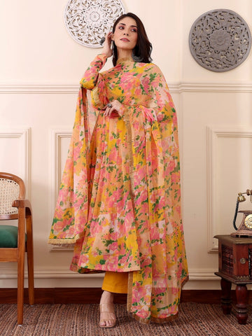 Yellow & Pink Floral Digital Printed Anarkali Kurti Set with Dupatta