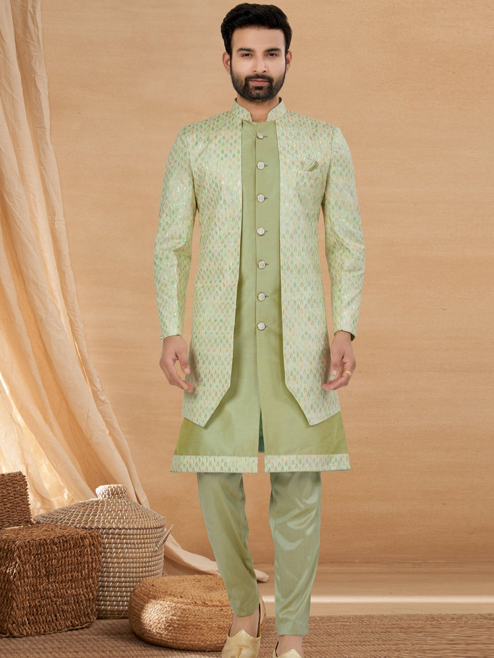 Light Green Indo Western Jacket Kurta Set with Mirror & Sequins Work