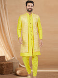 Yellow Indo Western Jacket Kurta Set with Mirror & Sequins Work