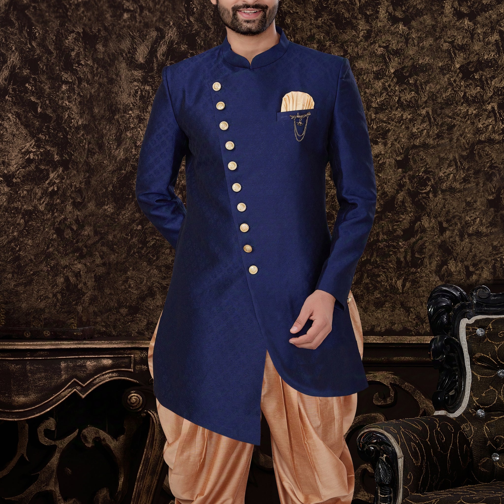 Blue Jacquard Silk Indo Western for Men with Self-Embossed Design