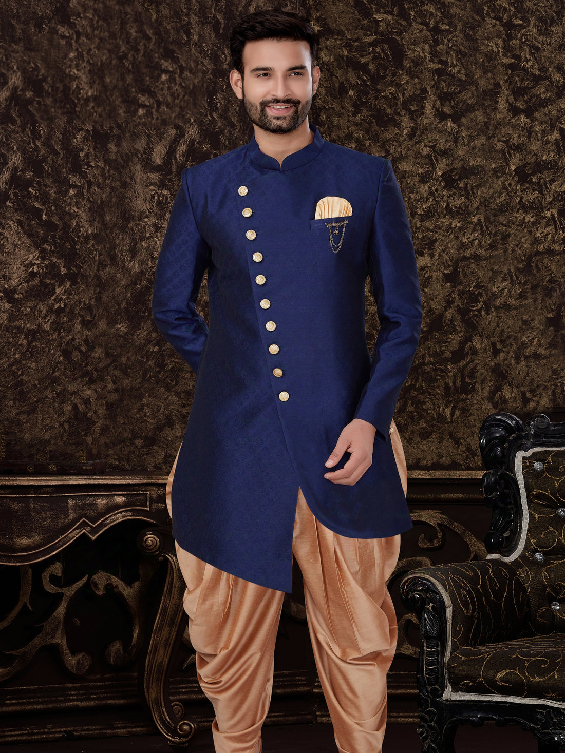 Blue Jacquard Silk Indo Western for Men with Self-Embossed Design