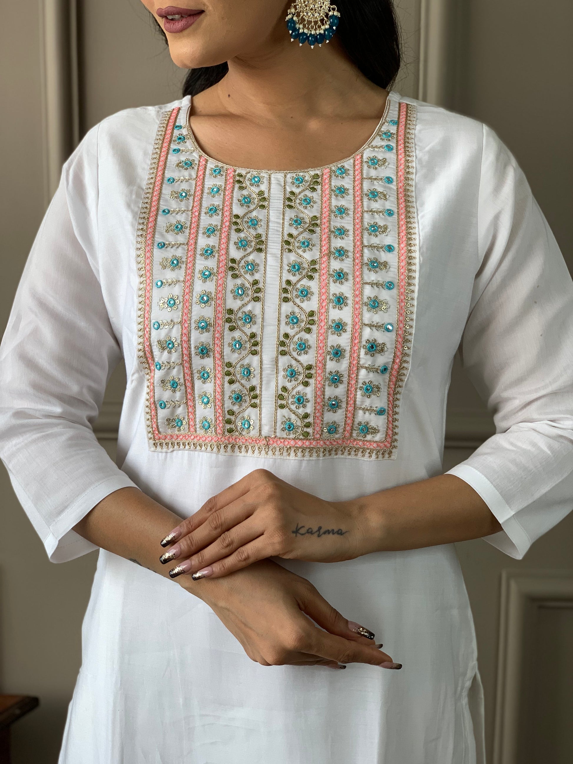 White Chanderi Kurti Set for Women