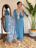 Teal Blue Viscose Rayon Kurti Set