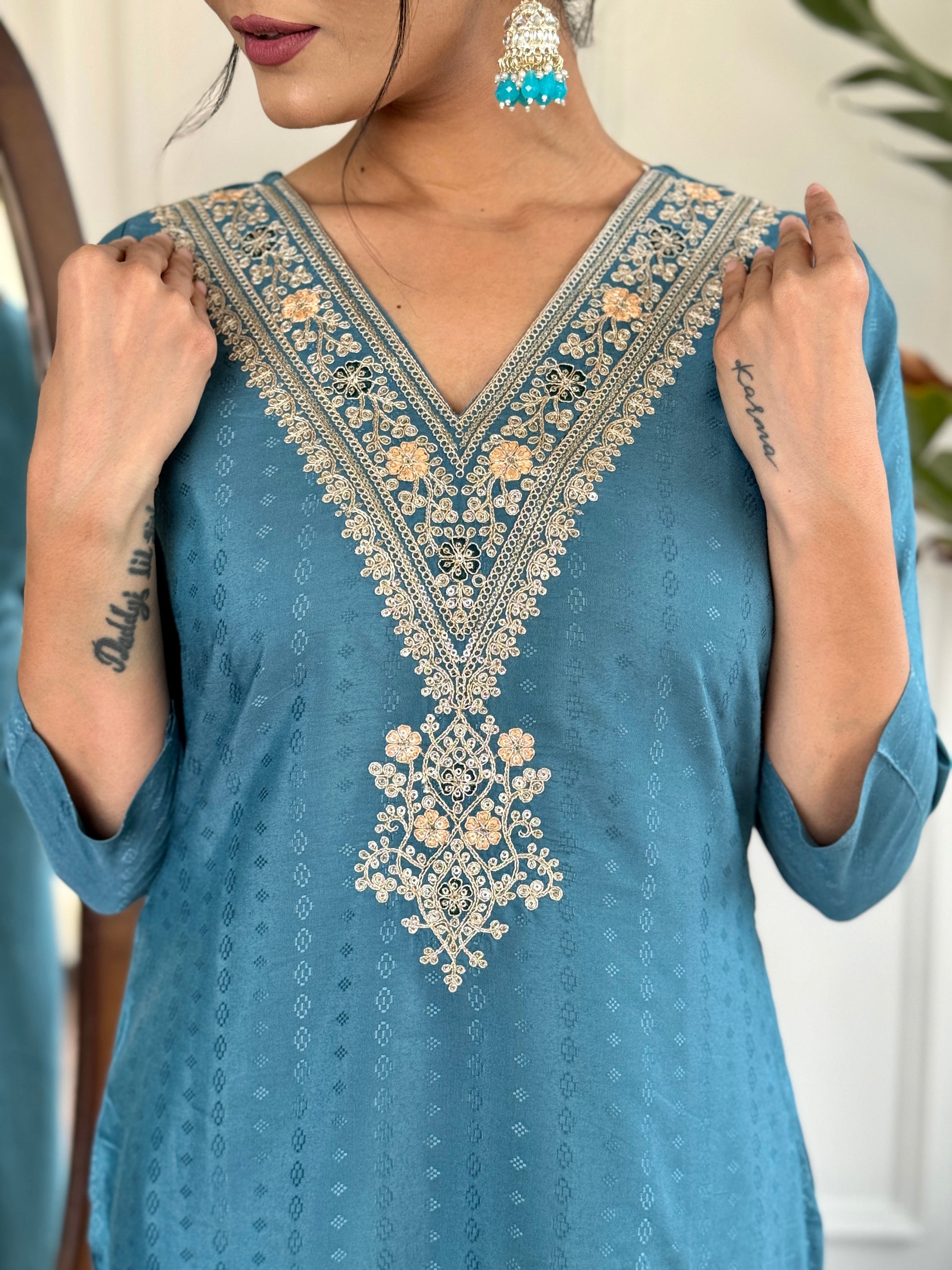 Teal Blue Viscose Rayon Kurti Set