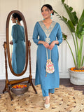 Teal Blue Viscose Rayon Kurti Set