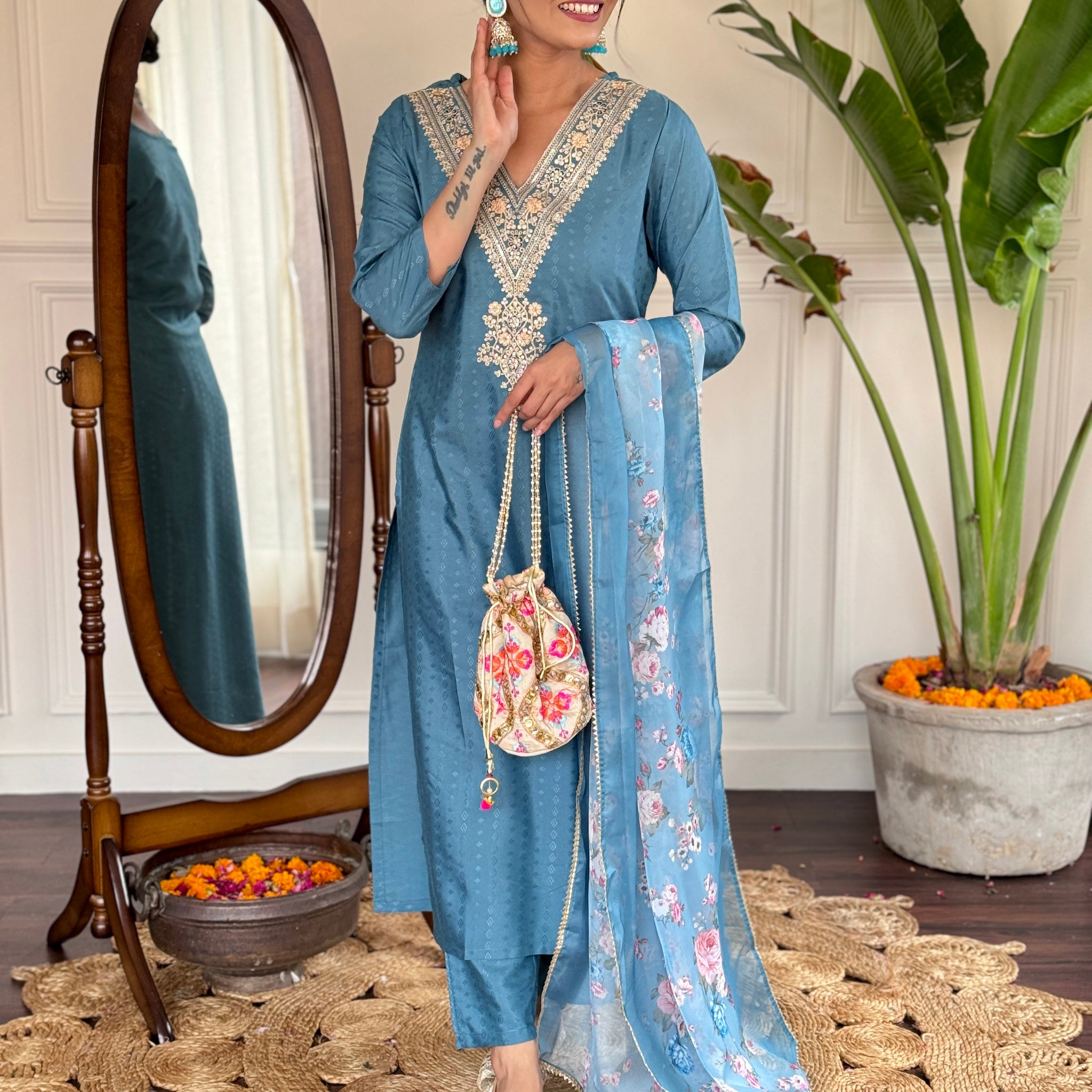 Teal Blue Viscose Rayon Kurti Set