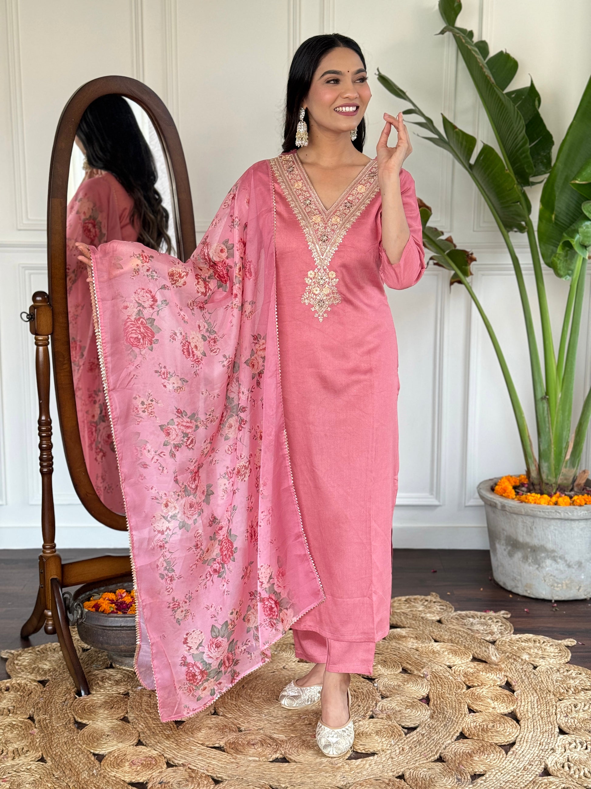 Rose Pink Chanderi Kurti Set with Embroidered Neckline