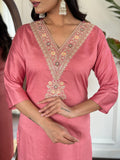 Rose Pink Chanderi Kurti Set with Embroidered Neckline