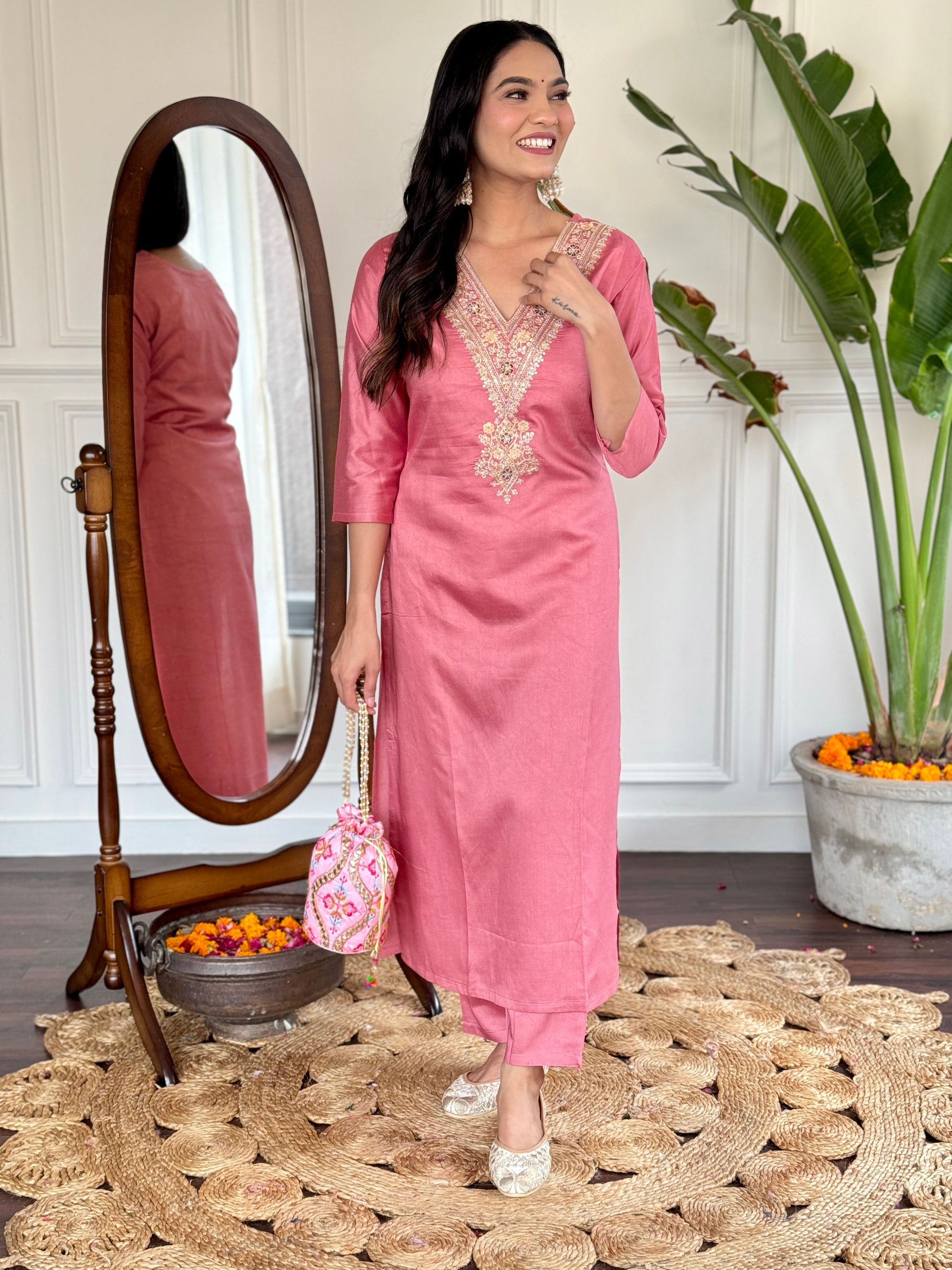 Rose Pink Chanderi Kurti Set with Embroidered Neckline