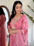 Rose Pink Chanderi Kurti Set with Embroidered Neckline