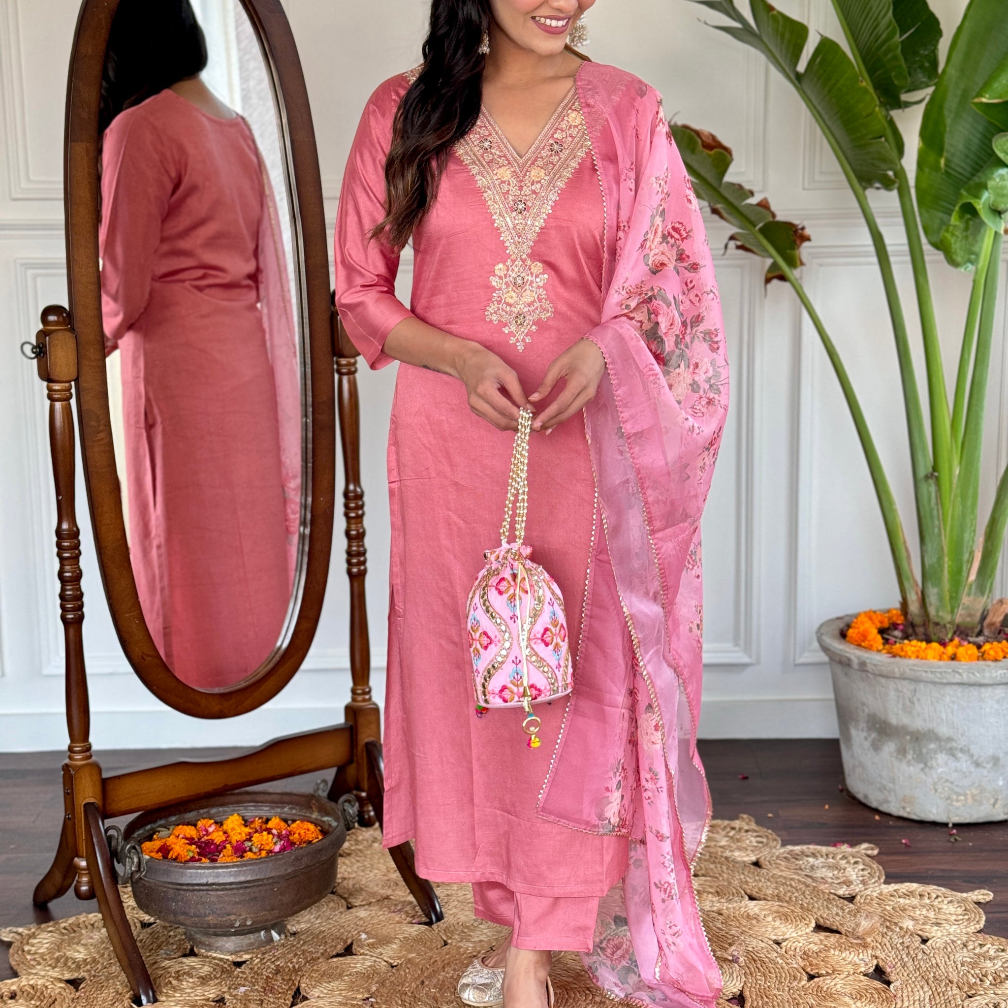 Rose Pink Chanderi Kurti Set with Embroidered Neckline