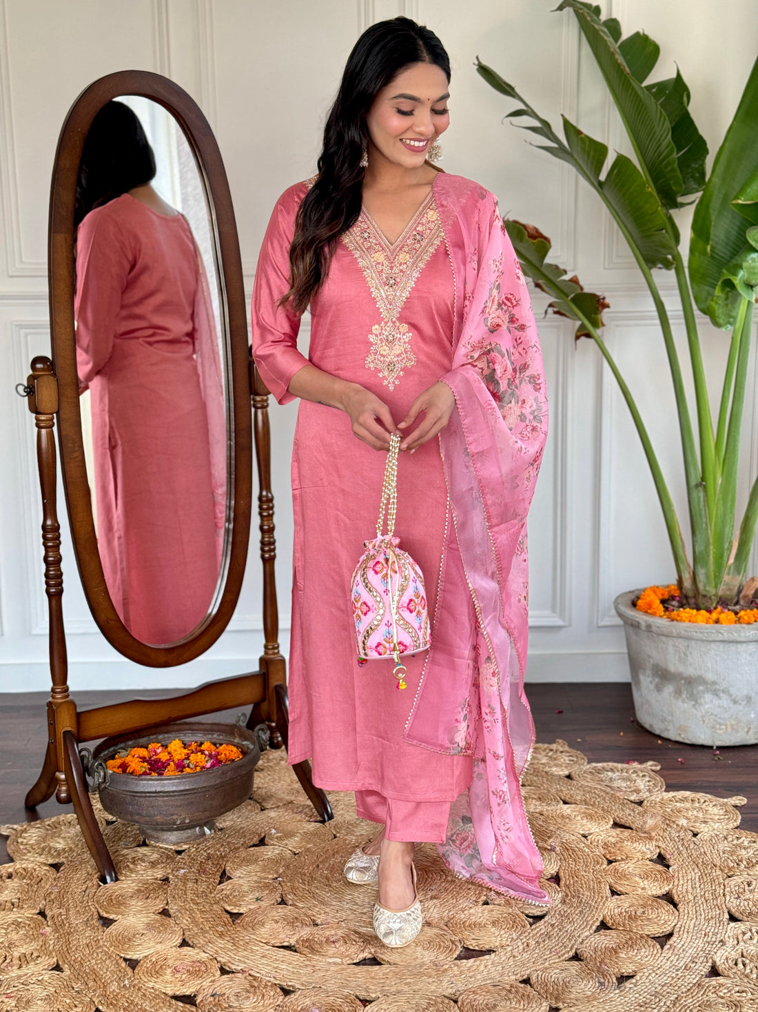 Rose Pink Chanderi Kurti Set with Embroidered Neckline