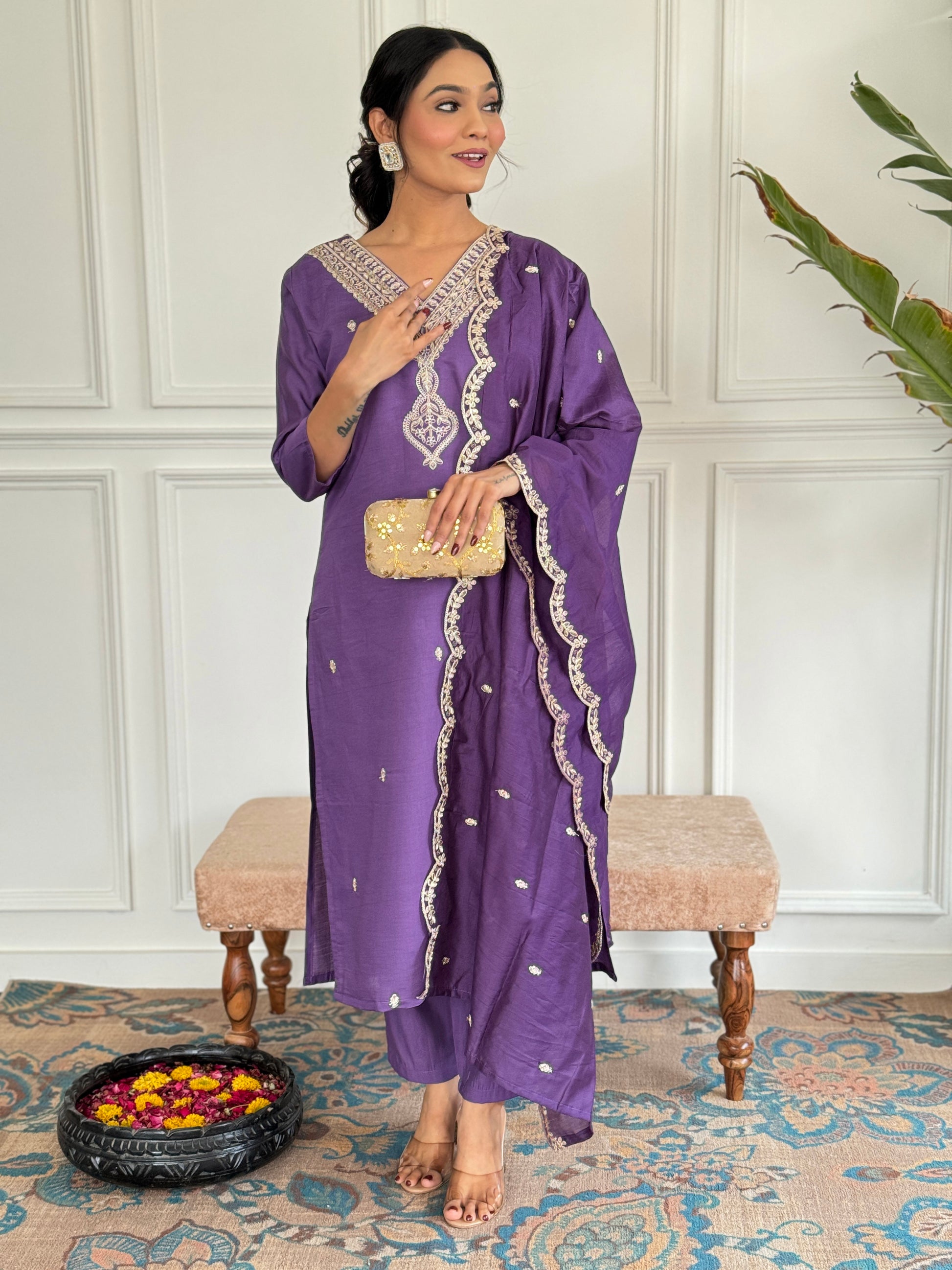 Purple Chanderi Kurti Set for Women