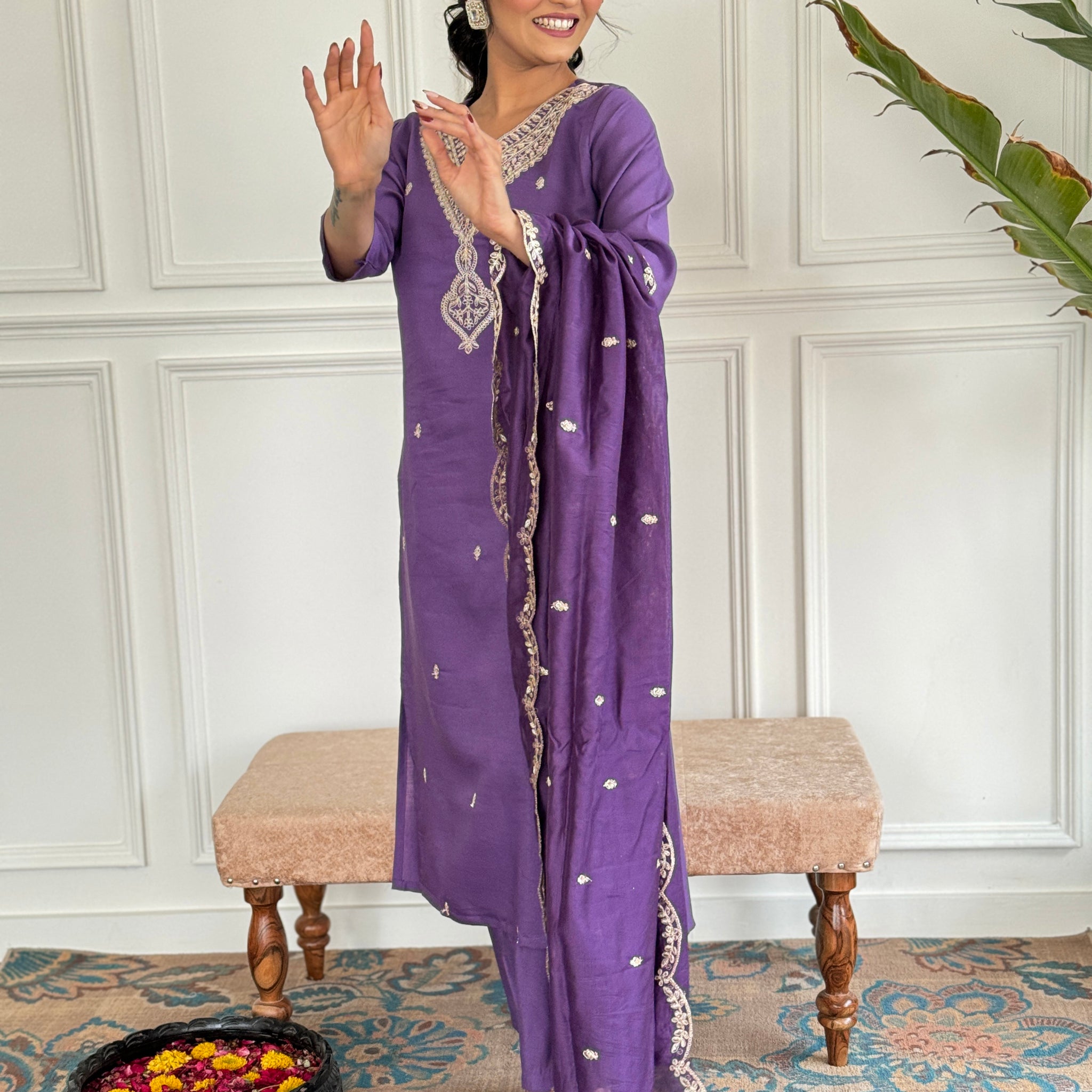 Purple Chanderi Kurti Set for Women