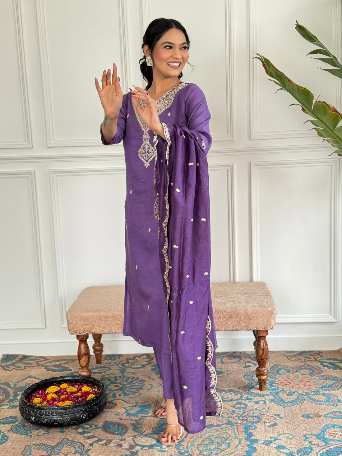 Purple Chanderi Kurti Set for Women