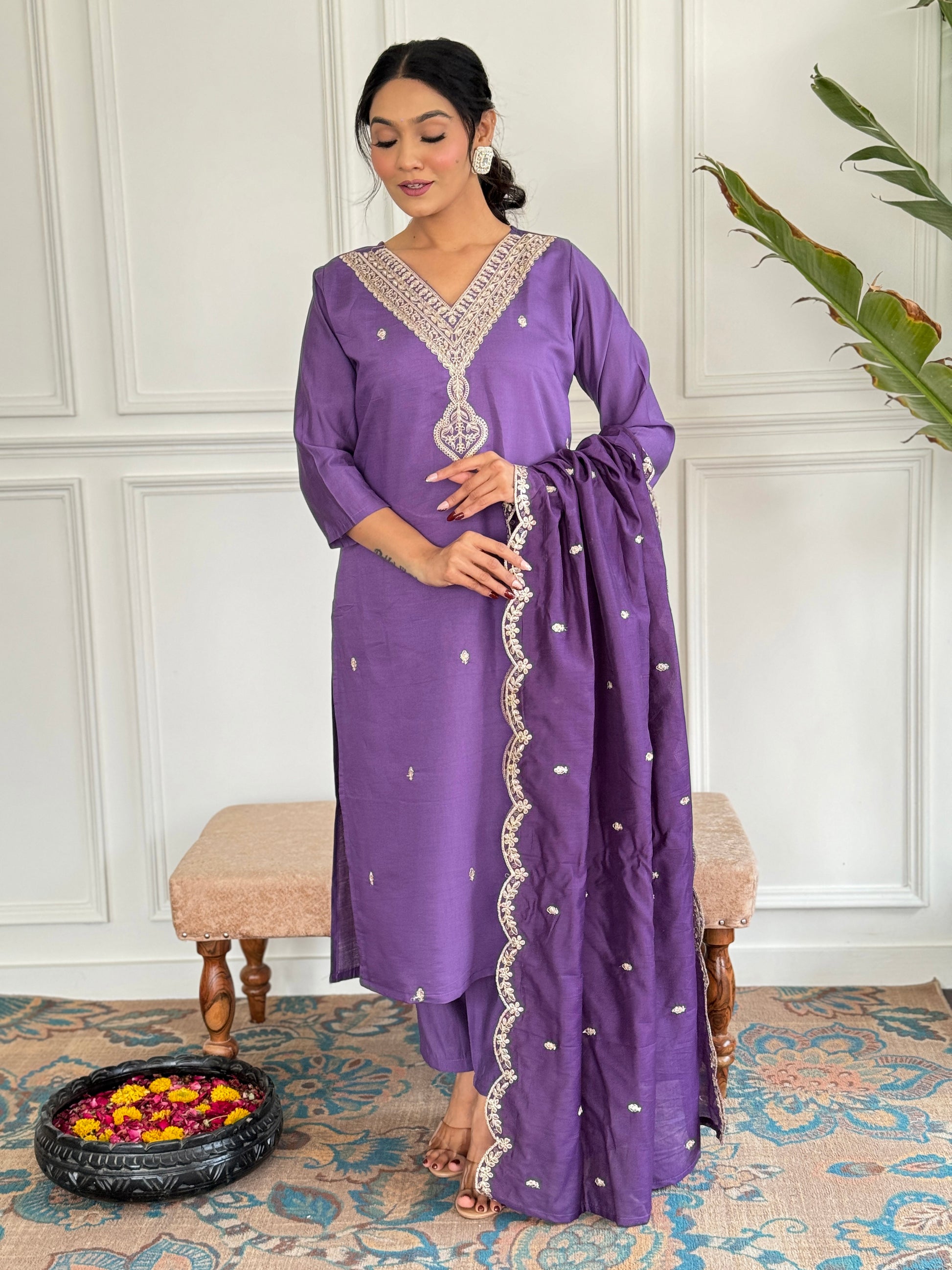 Purple Chanderi Kurti Set for Women