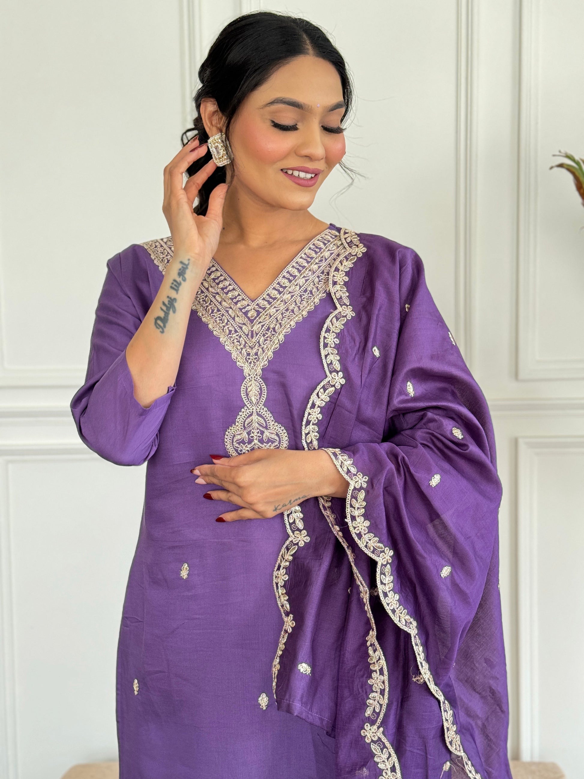 Purple Chanderi Kurti Set for Women