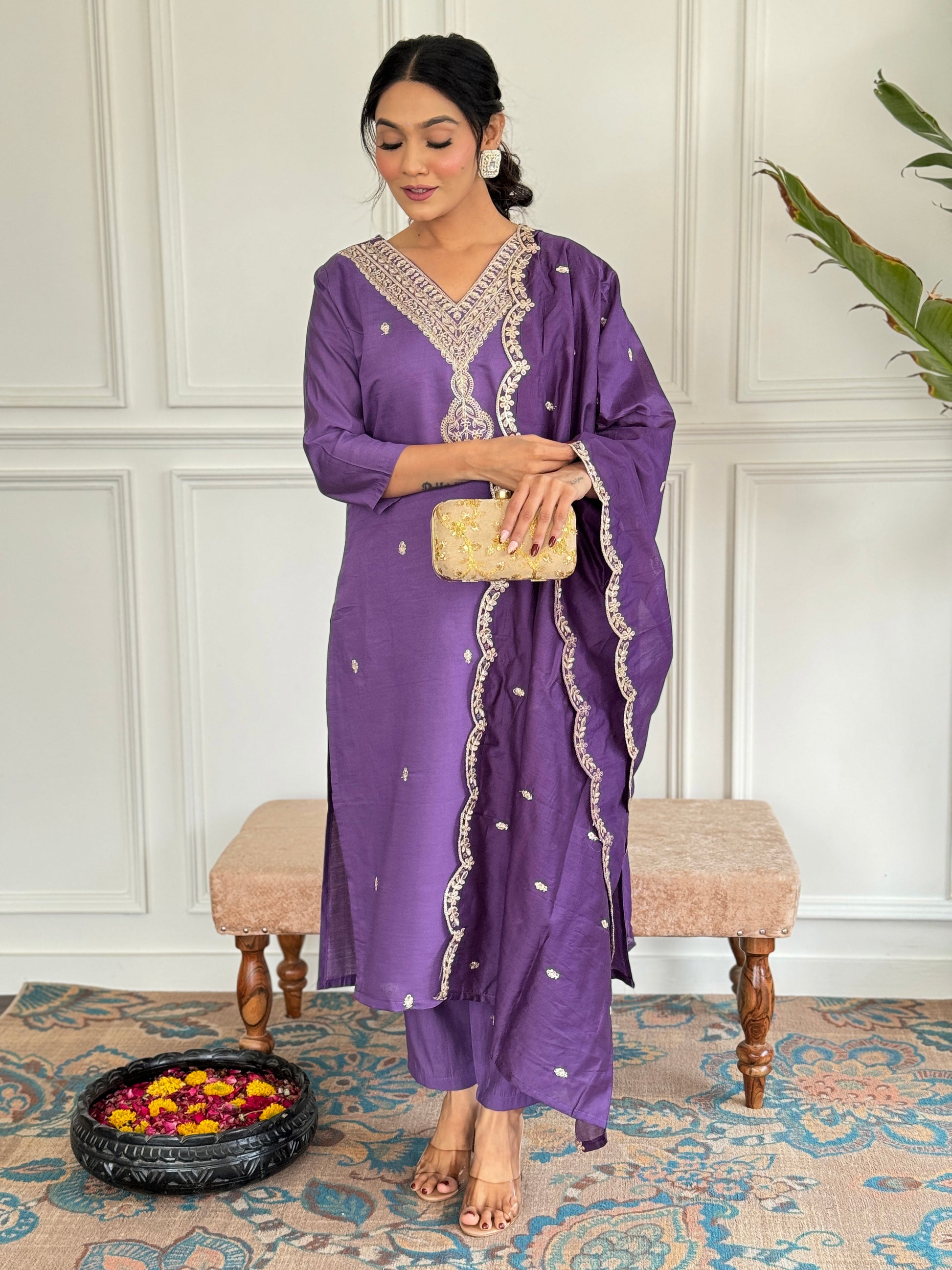 Purple Chanderi Kurti Set for Women