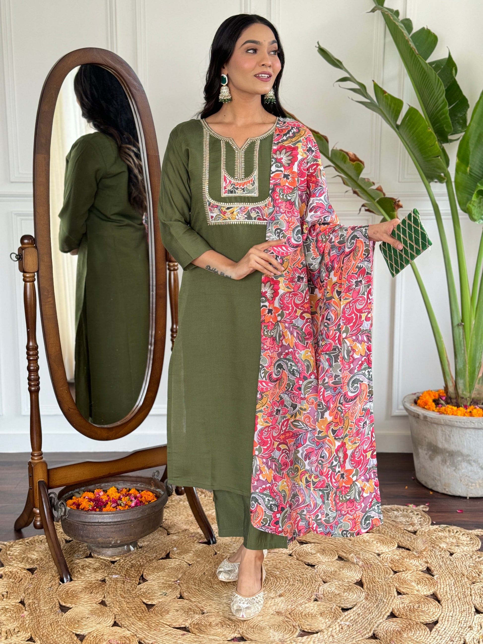 Olive Green Chanderi Kurti Set with Printed Dupatta