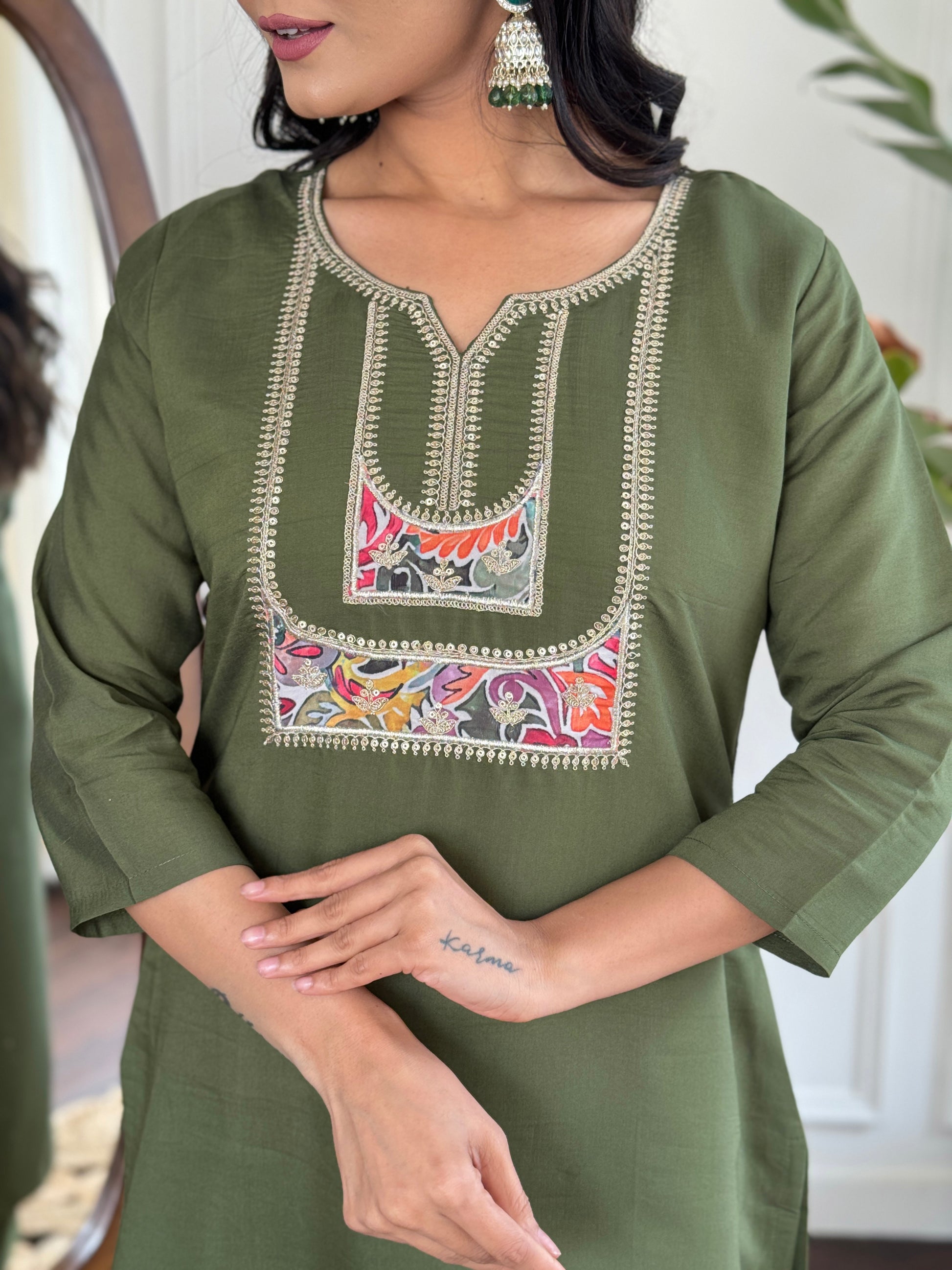 Olive Green Chanderi Kurti Set with Printed Dupatta