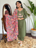 Olive Green Chanderi Kurti Set with Printed Dupatta