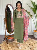 Olive Green Chanderi Kurti Set with Printed Dupatta